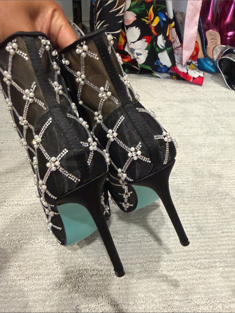 Betsey Johnson Black Mesh Ankle Boots with Pearl & Crystal Lattice - Picture 6 of 7